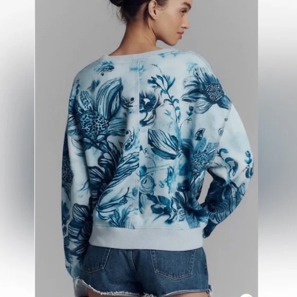 Anthropologie Pilcro Batik Printed Blue and White Floral Oversized Sweatshirt L - Picture 4 of 6